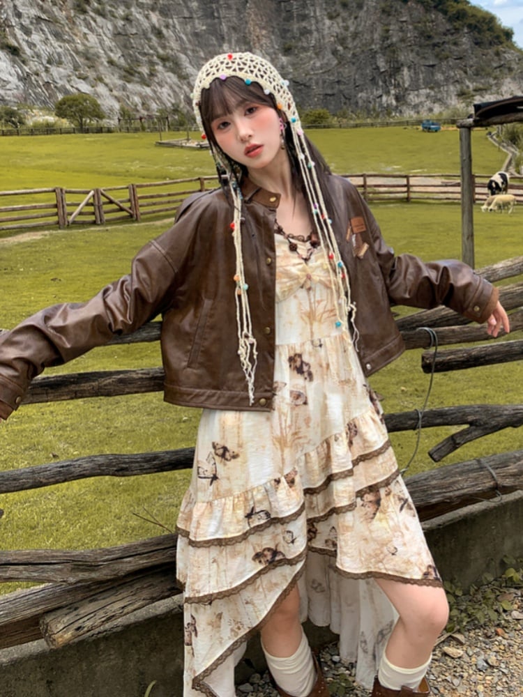 Brown Badge Autumn for Appliques Vintage PU Jacket