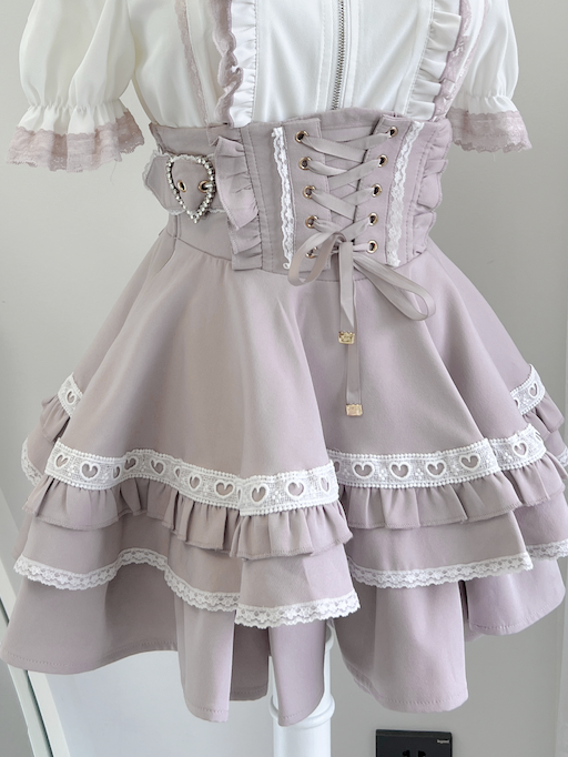White and Jirai Kei Heart Buckles Lace-up Front Tiered Skirt Back Pink