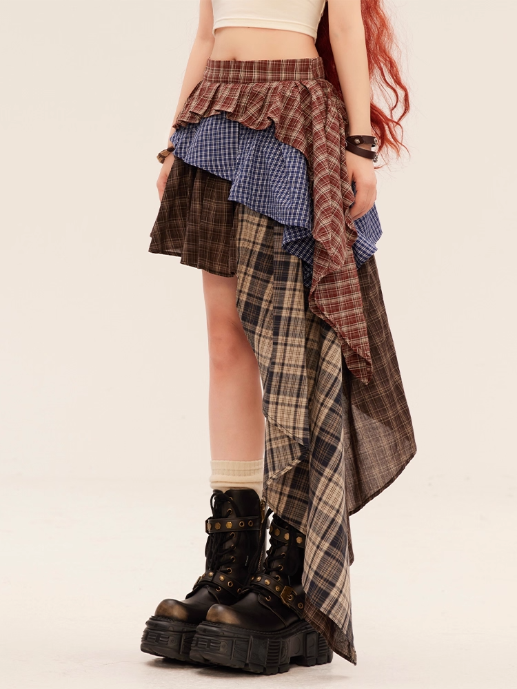 Tiered Skirt Red Asymmetrical Hem Vintage Plaid