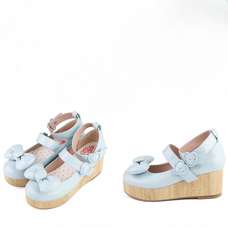 Heart Shoes Sweet Blue Buckles Top at - Bow Lolita Platform Baby