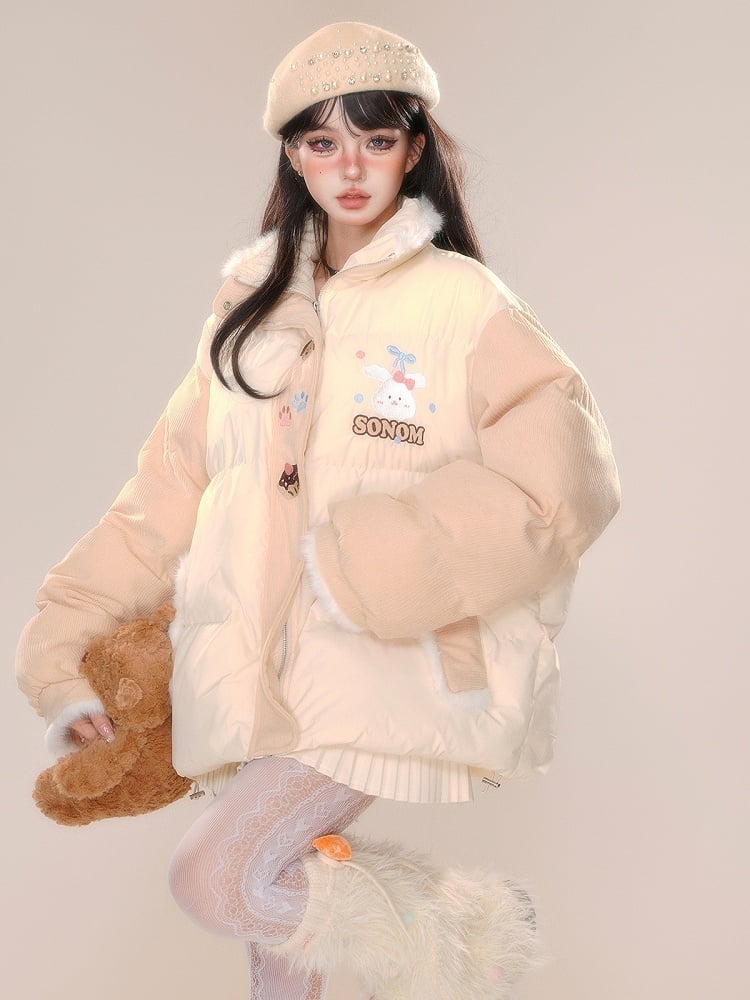 Creamy Yellow Cute Bunny Plush Trim Puffer Jacket