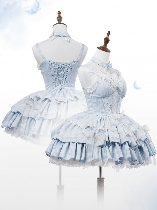 ライトブルーのボーン入りコルセットウエストレイヤードドレス バレエコアロリータジャンパースカート