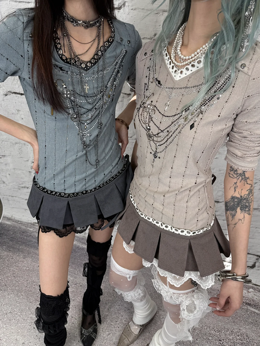 Pattern Long V-neck Rhinestone Striped Pink/Blue Sleeves Punk Design Top Necklace Wasteland