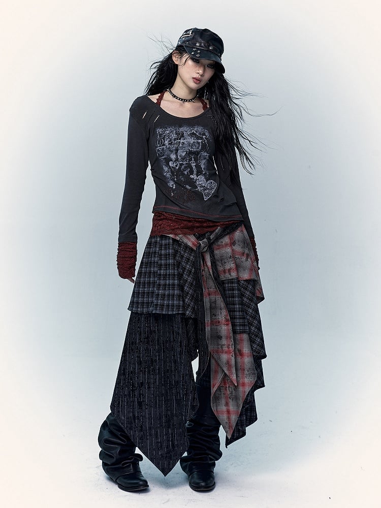 Grau-rotes Neckholder-Top mit Schnürung und Used-Look