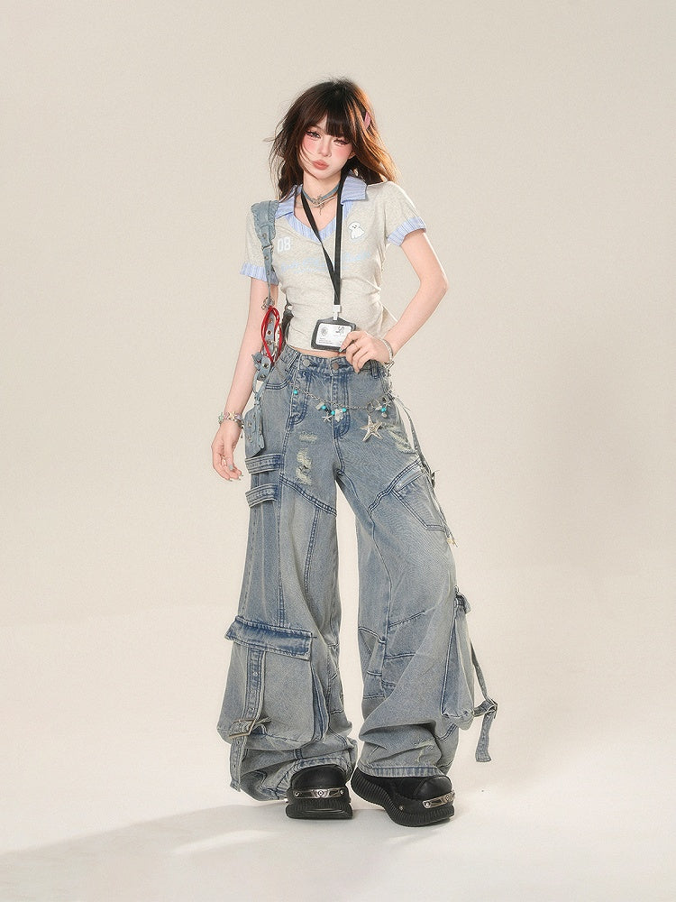 Wide-Leg Jeans Cargo Pockets Blue Distressed Holes Buckle Straps