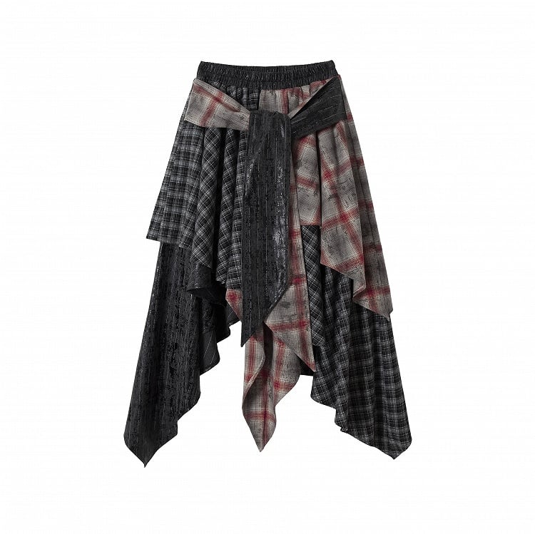 Schwarz-rot karierter Rock mit Taschentuchsaum im Used-Look