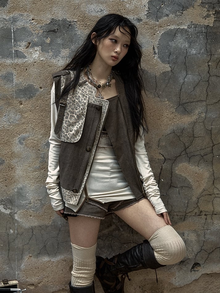 Braune und graue Punk-Streetwear-Leopardenjacke
