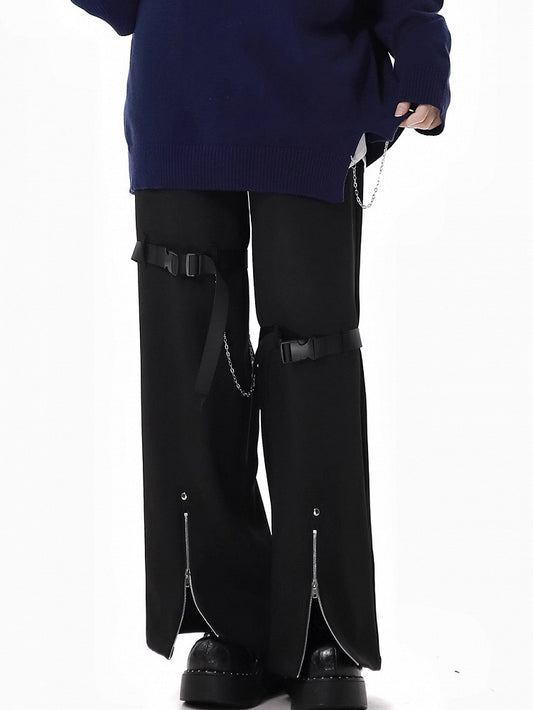 Straight-Leg Pants Black Zip Cuffs Snap Details