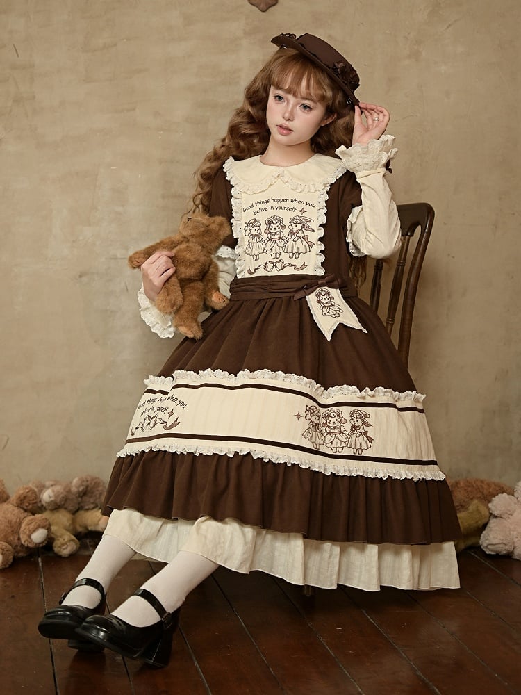 Embroidery Lamb Pan Lolita Bunny and Dress Brown with Beige Peter Collar