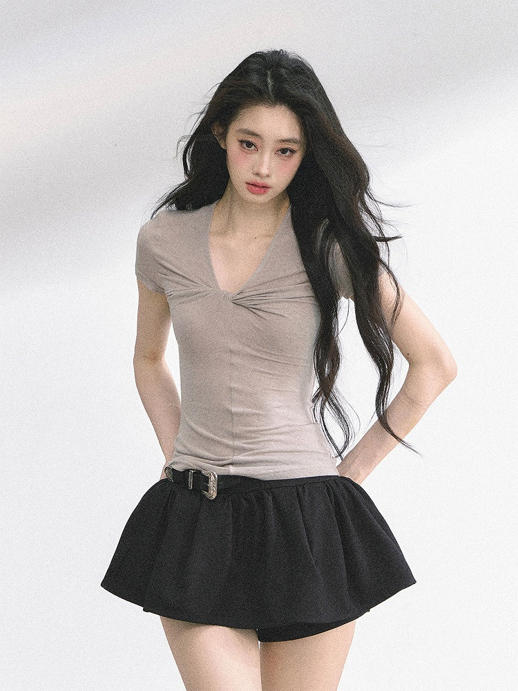 T-Shirt Hellgrau Twist Detail Ausschnitt Slim-Fit