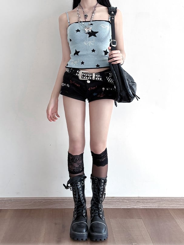 Striped Scarf Y2K Blue Star and Bow Print Cami Top with