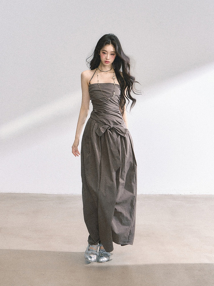 Pink/Gray Ruched Design Self-tie Bow Halter Neck Dress