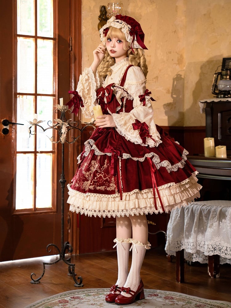 / Dress Red Lolita Decoration JSK Bows Velvet Embroidery Candle