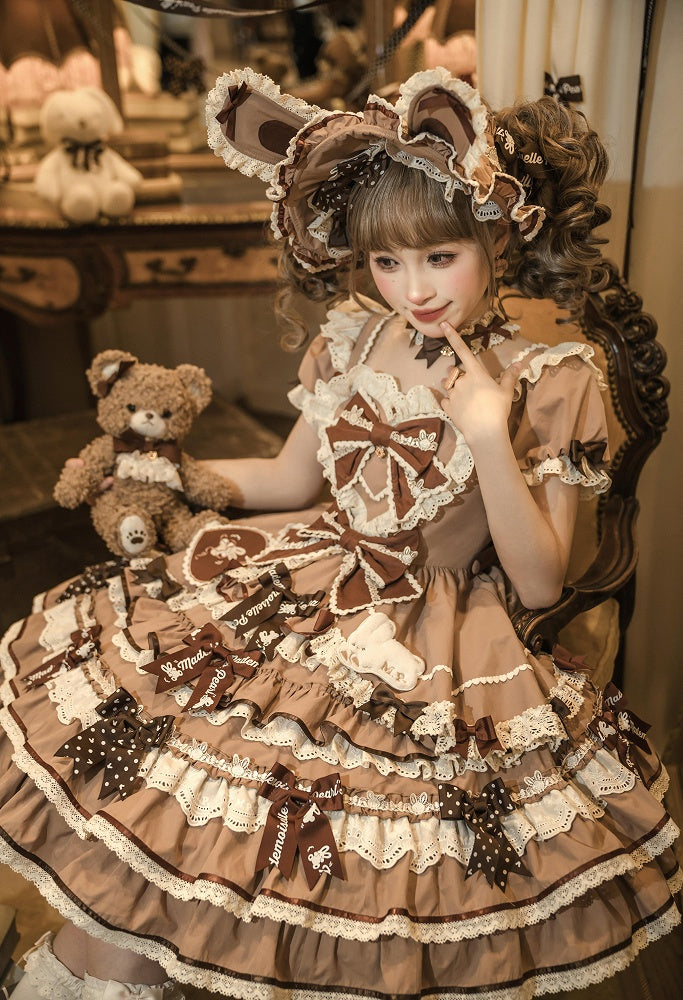 One Bow Ruffle Lolita Sweet Bunny Theme Dress Brown Accents Piece Princess