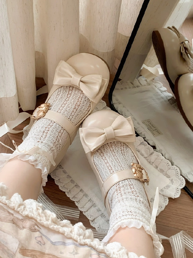 Bow with Bear Sweet Lolita Buckles at Top Beige Flats Heart Hugging