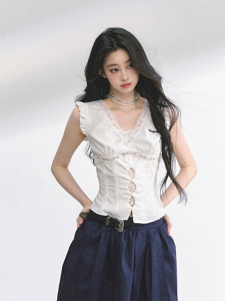 Lace White V-neck Cutout Details Patches Flutter Sleeves Top