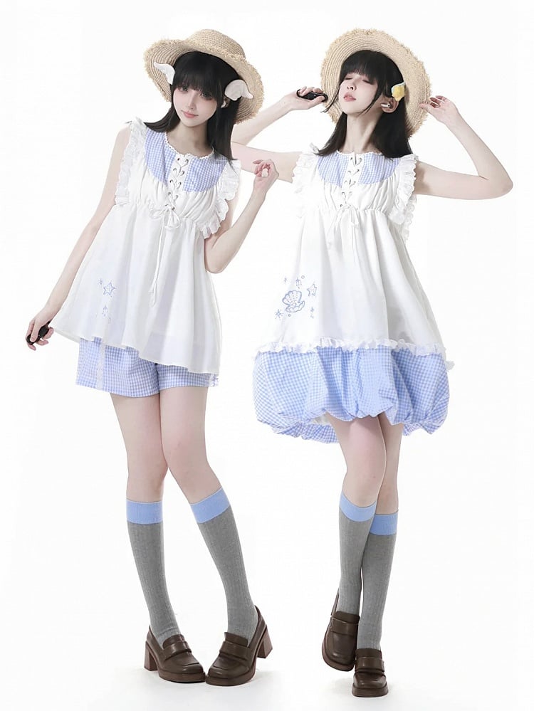 Flutter Sleeves Top and Plaid Seashell and Starfish Embroidery White Blue Front Lace-up