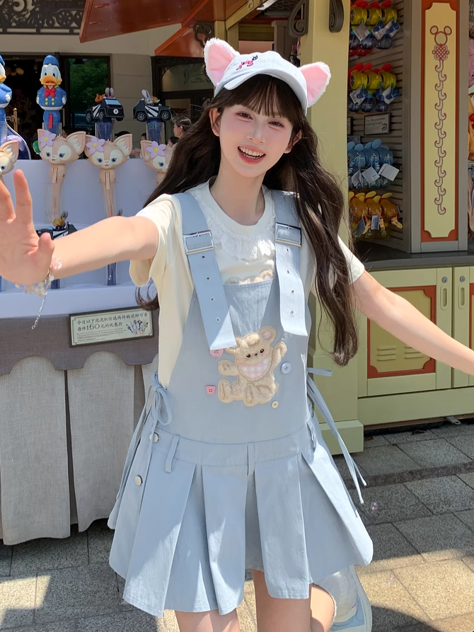 Adjustable Plush Bear Applique Blue Box Pleat Overall Dress Straps Shoulder