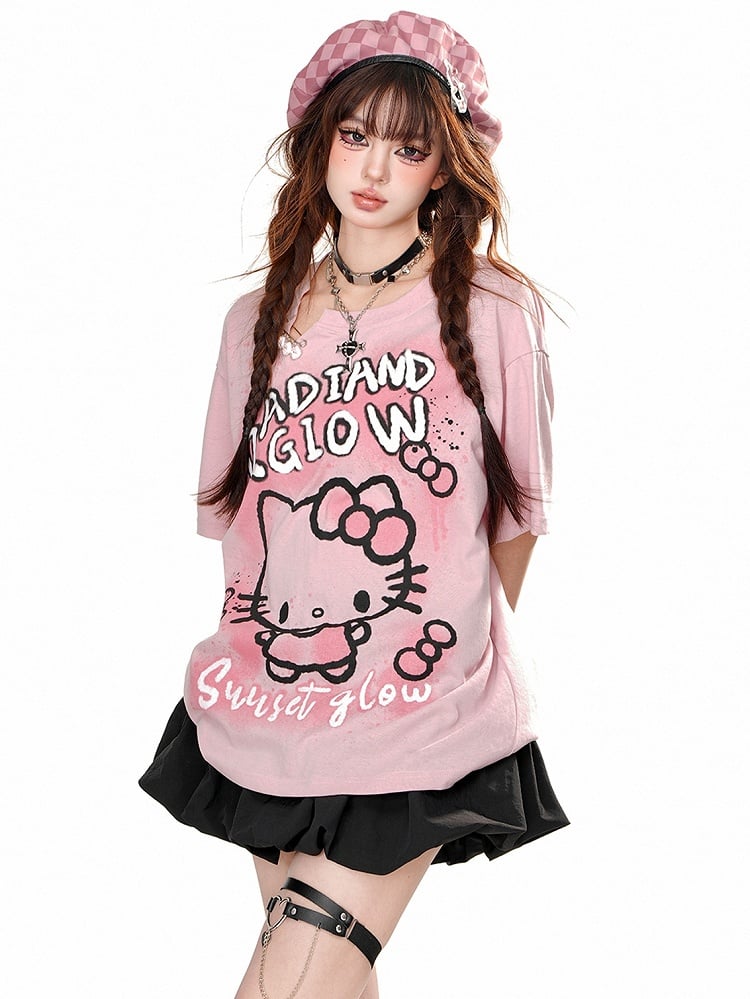 Lockeres T-Shirt mit Kätzchen-Print in Rosa/Weiß