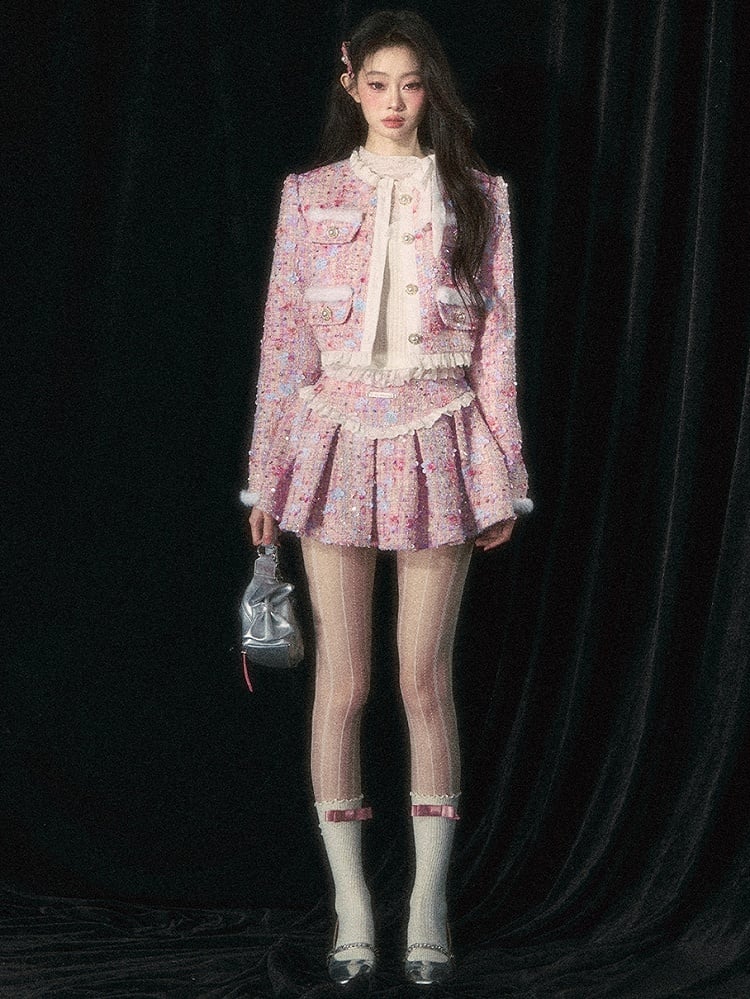 Pink Jacket Floral Bead Embellishments Sequins Detail