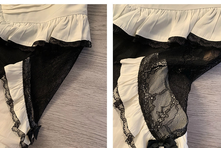 Jirai Kei – Schwarzes, langärmliges Kleid mit Spitzenaufnähern an den Schultern und Netzstoffüberzug