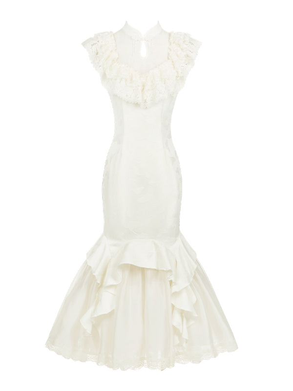 フリルマーメイドバタフライジャカードトリムドレスチーチーパオロリータカスケーディングカラー