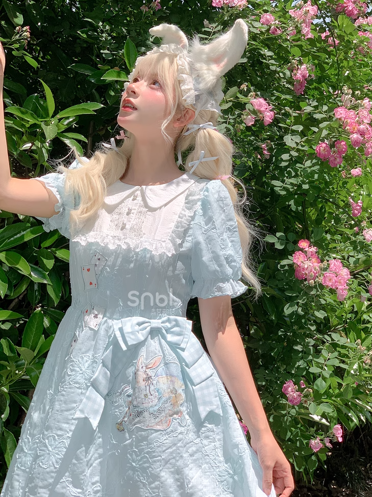 Embroidery Blue Puff Sleeves Dress in Wonderland Vibes Bunny Alice