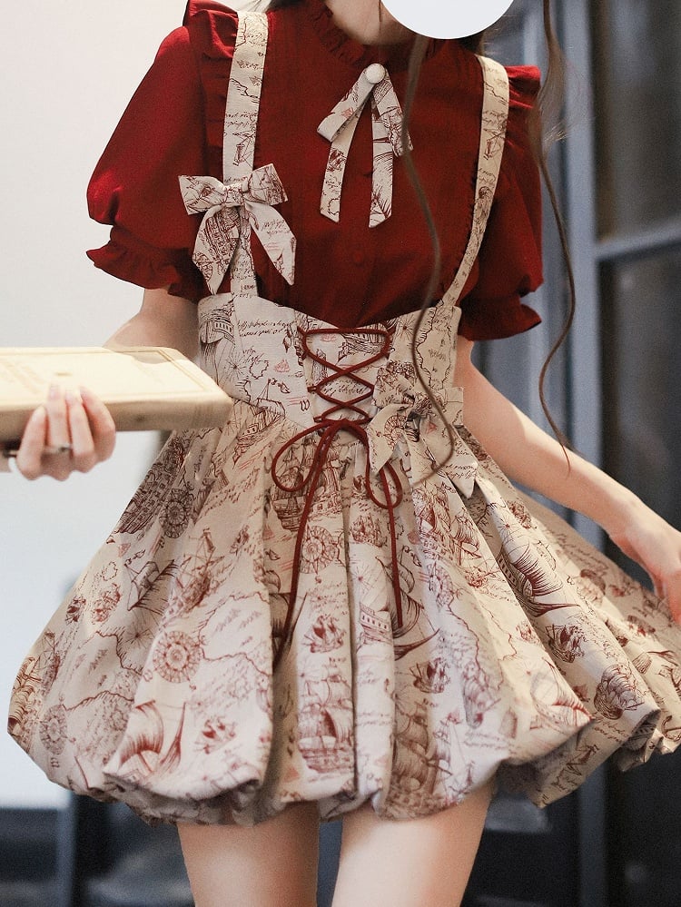 Wine Red Jacquard Overall Dress with Bubble Skirt Lace-up Waist