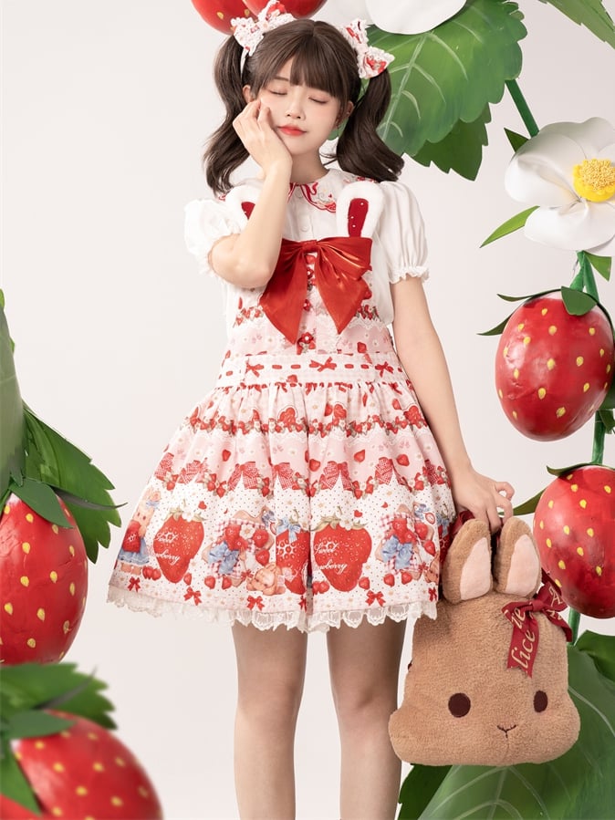 Light Pink Strawberry Print Lace Trim Lolita Bowknot Hairclips