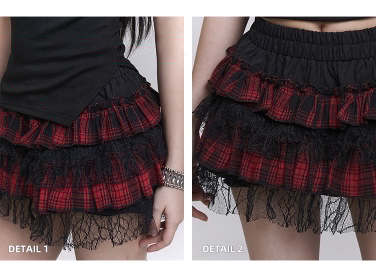 Trim Lining Red and Black Plaid Elastic Waist Lace Mini Tiered Skirt Bloomers