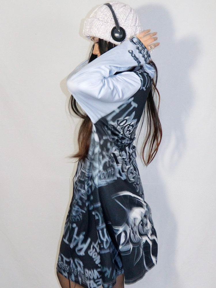 Fashion Print Gyaru Gray Letter Dress