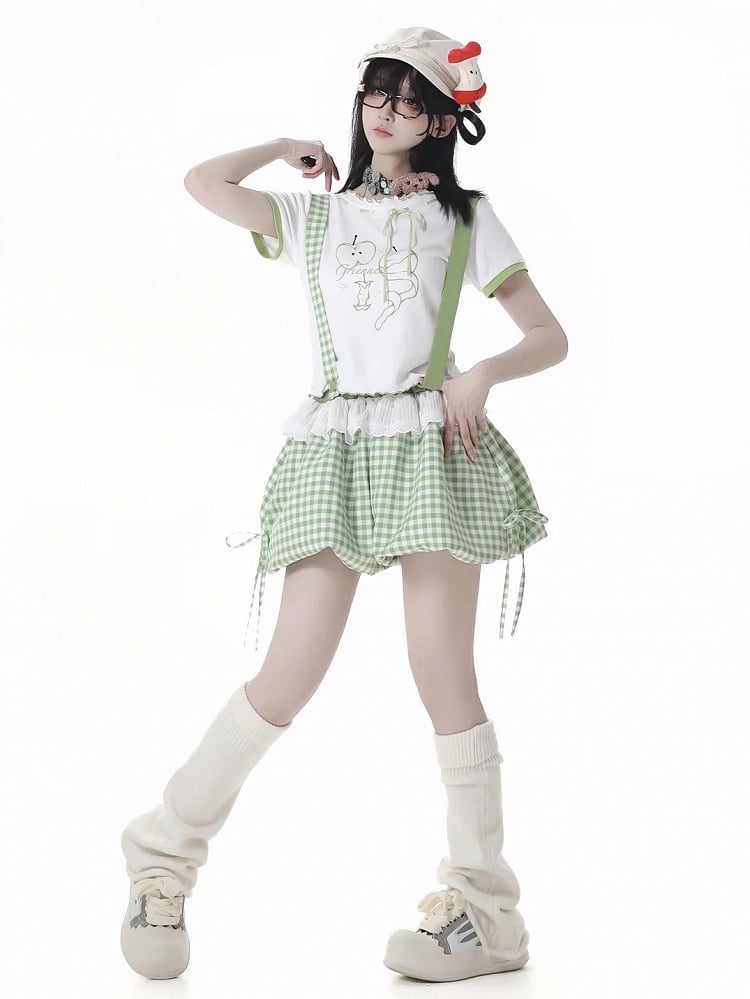 Bubble Shorts Grün Plaid Overalls Abnehmbare Träger Schulter