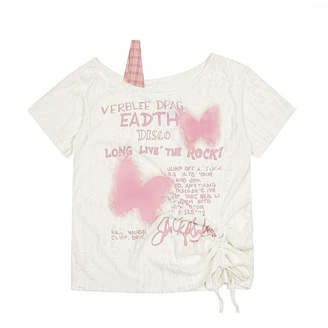 Asymmetrical Y2K Bittersweet Neckline Letter Butterfly T-shirt Off-white And Print