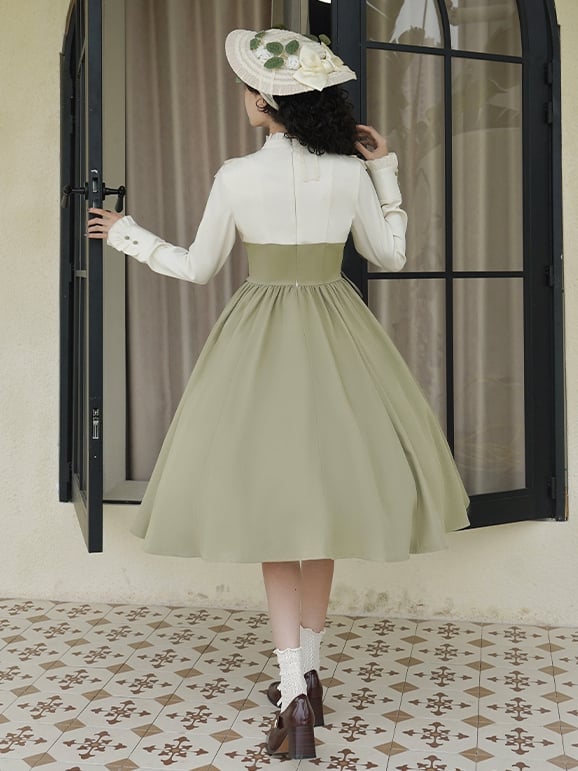 Light Green and Beige Ruffle Neckline Long Sleeves Spring Classic Lolita Dress Fake Two-pieces