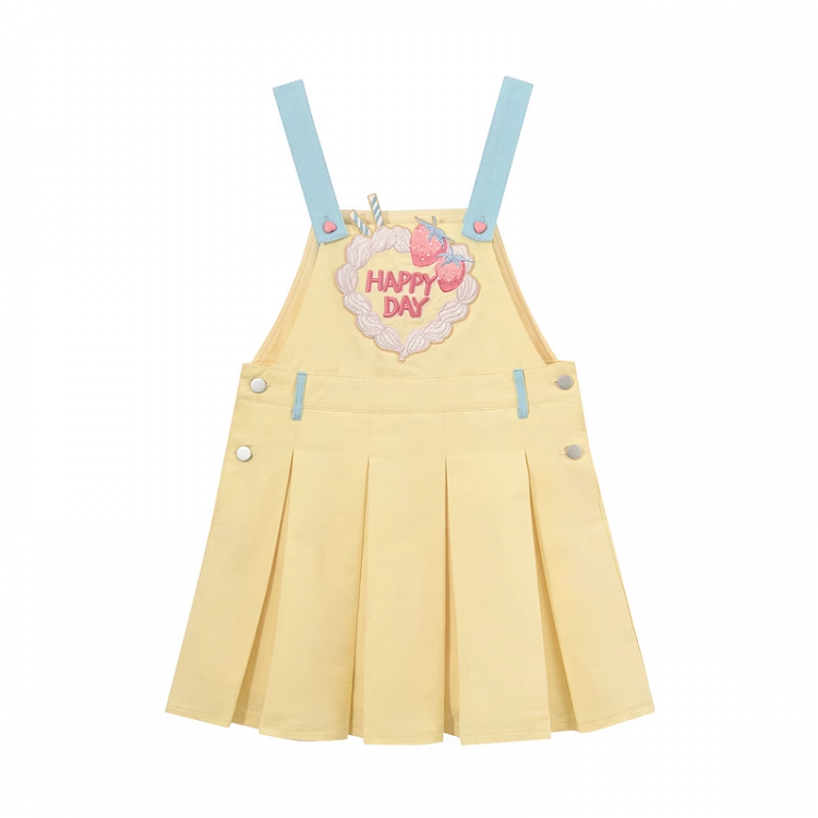 Strawberry Embroidery Yellow Box Pleat Overall Dress Sweet