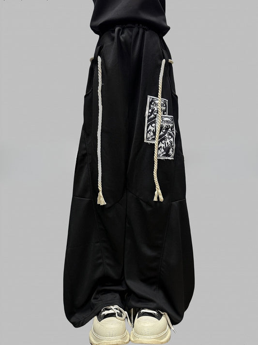 Accessory Applique Wide-leg Strap Pants Black Cut with Hand Y2K