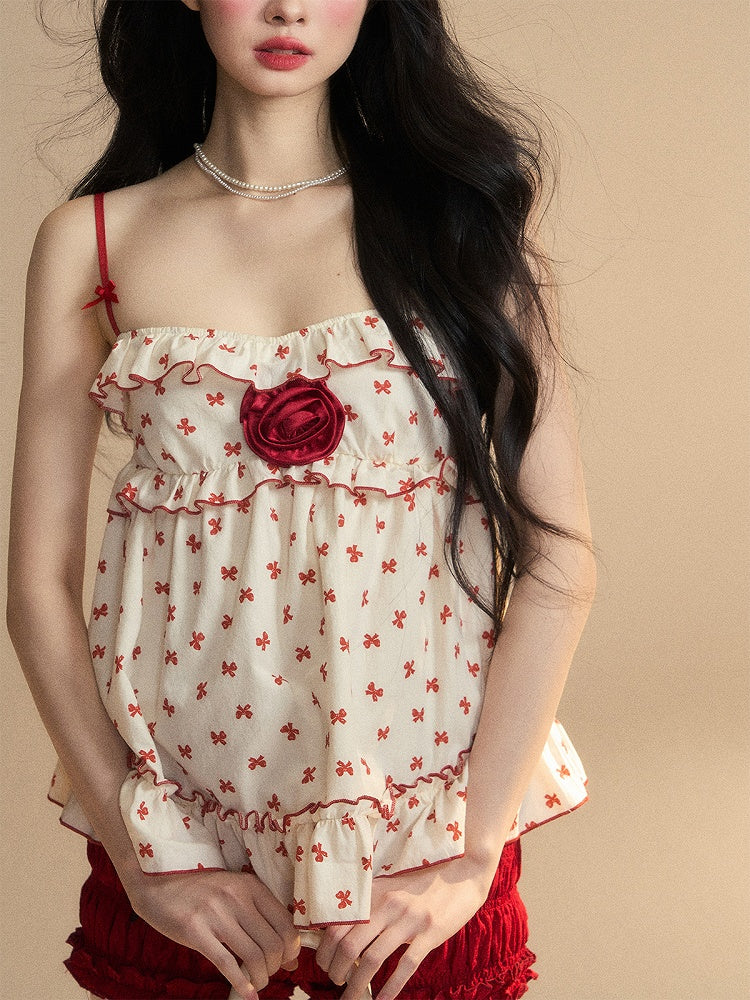 Floral Trim Apricot Ruffled Cami Red Bowknots Print Embellished Top