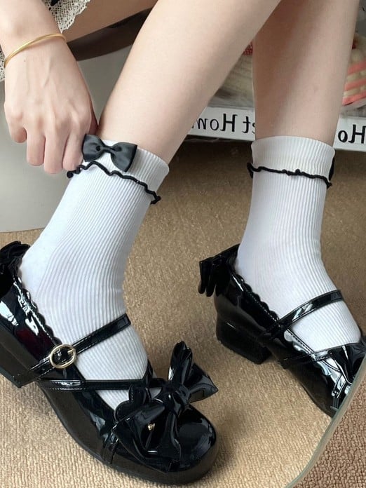 6 Ruffled Contrast Options Trim Ankle Socks Details Color Bowknot