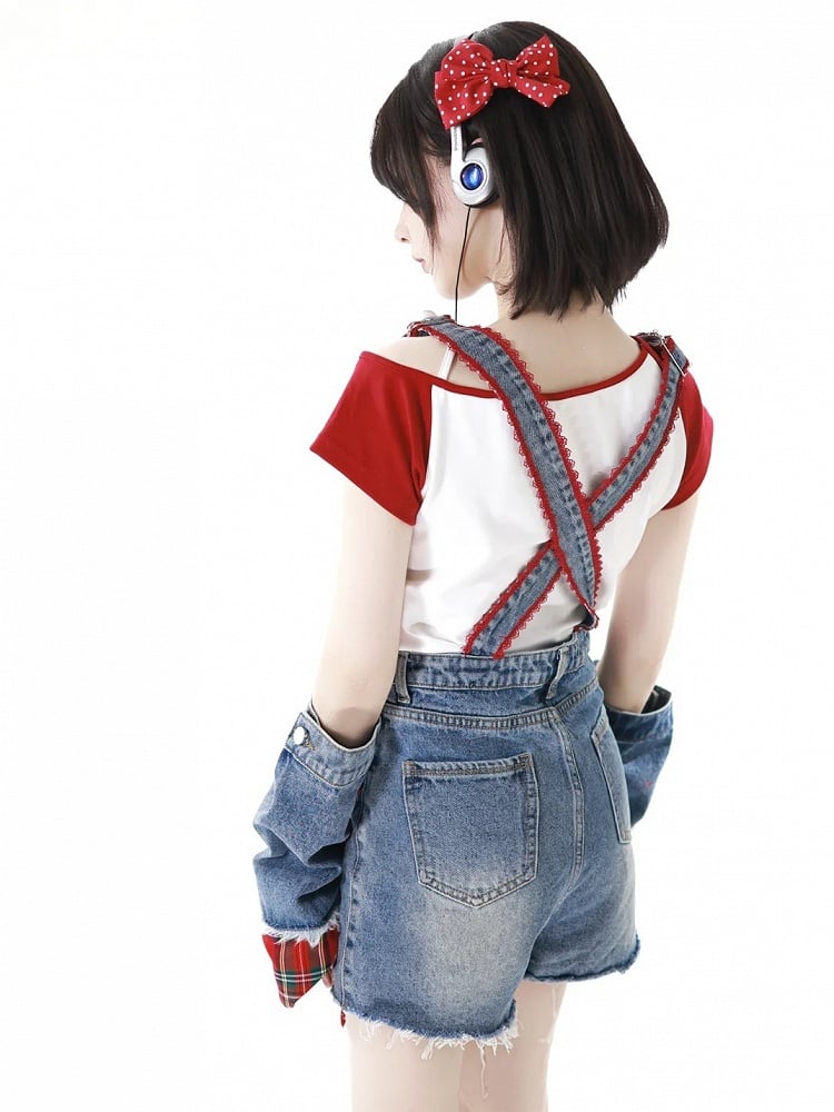 Distressed Denim Shorts Raw with Overall Appliques Blue Star Hem Holes Armwears Plaid Free