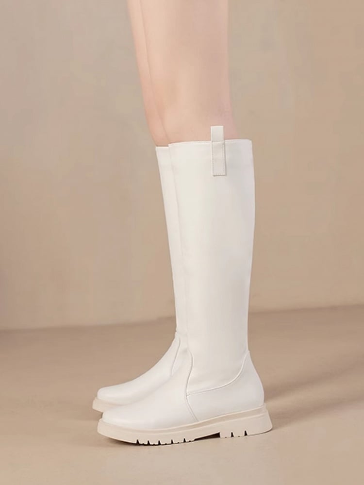 Verschluss: Weiße kniehohe Stiefel mit Reißverschluss, normale/dicke PU-Version, Lederinnenseite mit -