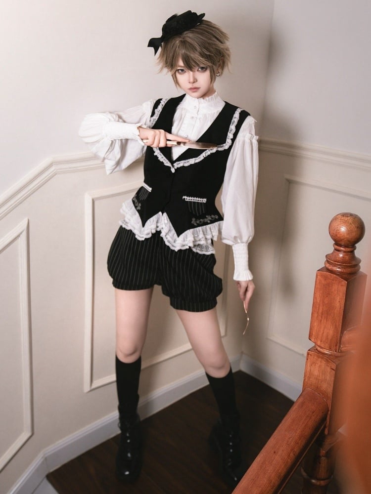 Weiße, gekreuzte Spitzensaum-Schwarze Ouji Lolita-Weste