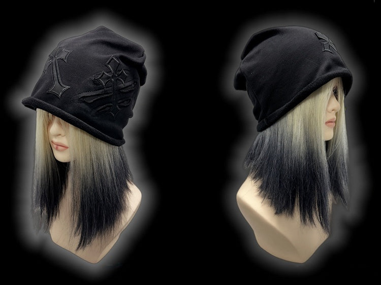 Y2K Schwarze Gothic Kreuz Applikationen Slouchy Beanie
