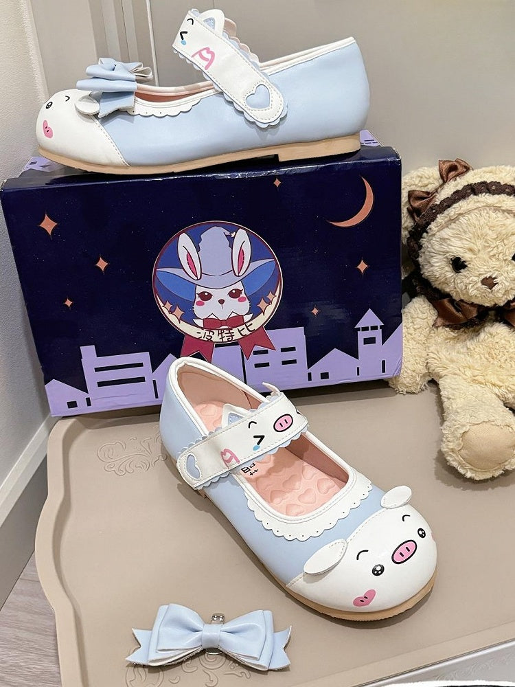 Lolita-Schuhe aus PU mit gewelltem Saum und süßem Muster - Lederblau