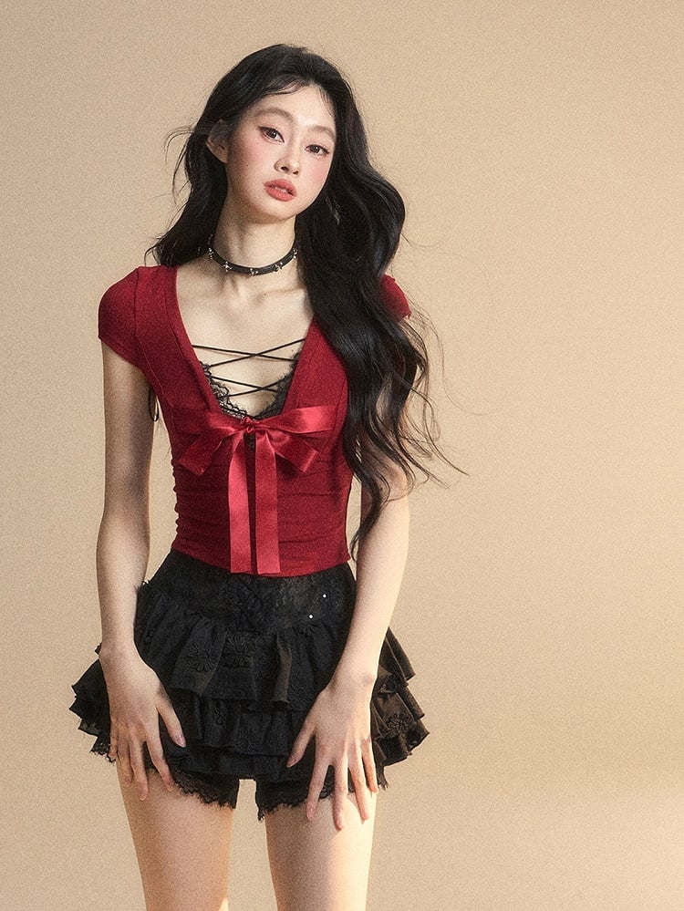 Red Lace Big Bow Slim-fitting Back T-Shirt Trim V-Neck Cutout