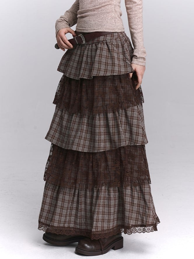 Side Lace Skirt Layers with Zipper Tiered Maxi Coffee Plaid