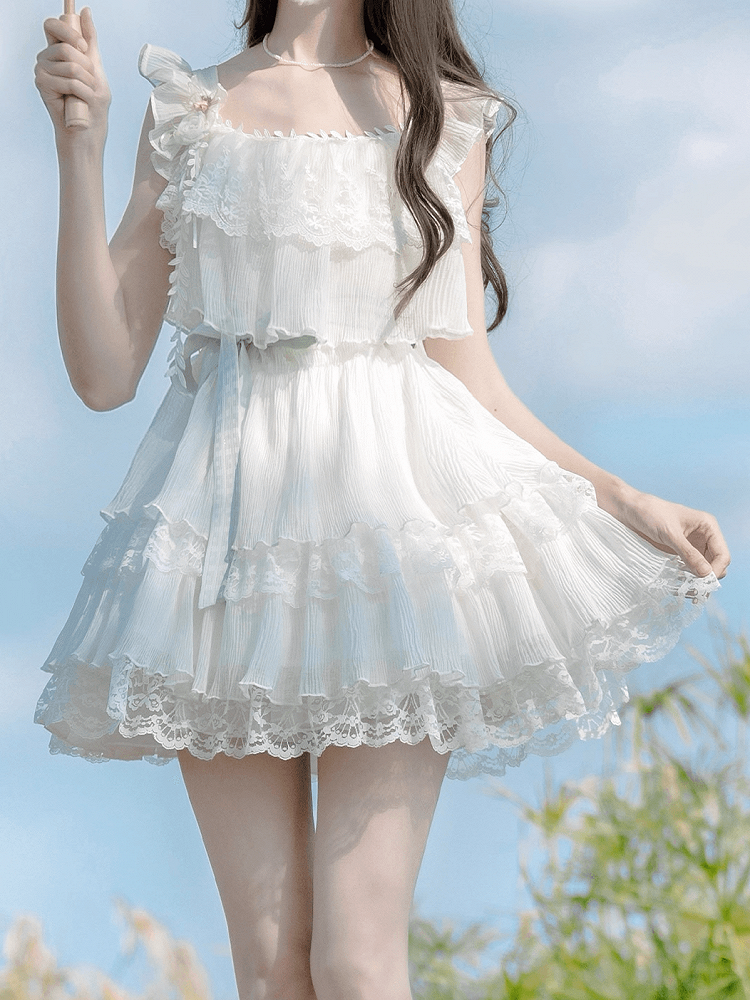 and Brooch with Waist Belt Tiered Lace Trim Flutter Sleeves Dress Sweet White