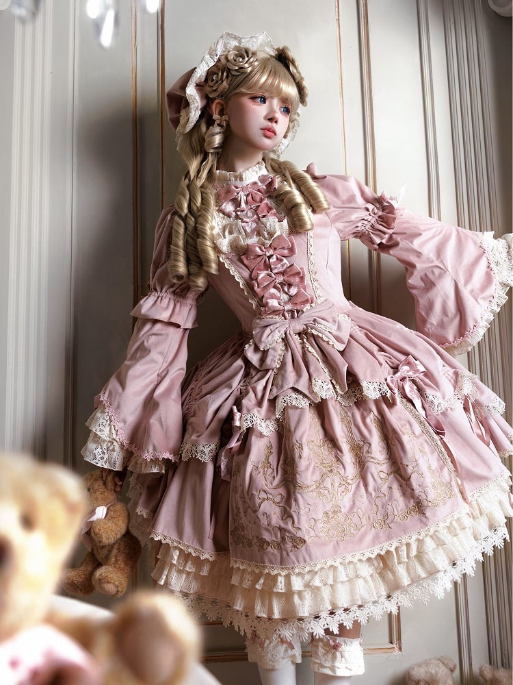 and Embroidery Candlestick Candle Bell Dress Pink Sleeves Velvet
