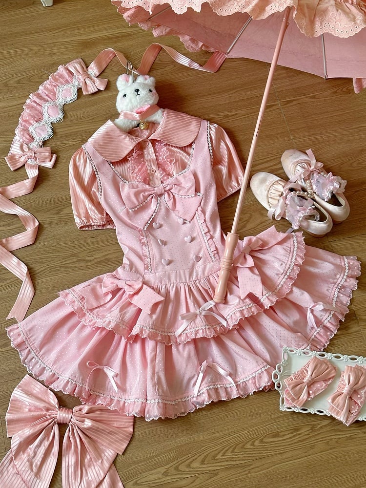 Bow Pink Accents Dots Lolita Old School Dress Shimmer Polka Sweet