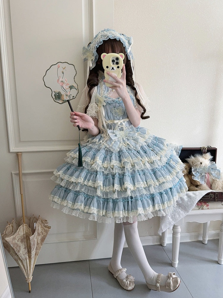 Lace with Lolita Details Embroidery and Tiered Goldfish Dress Sweet Ruffles Blue