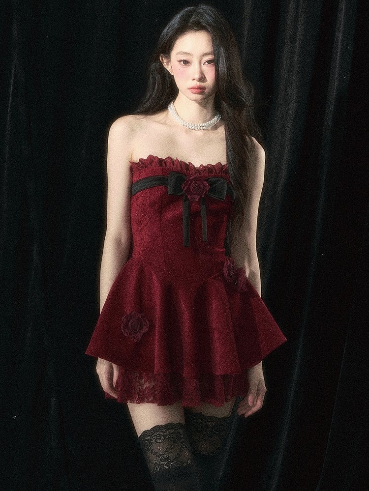 Roses Embellishments Christmas Wine Red Strapless Dress with Plush Shawl Set
